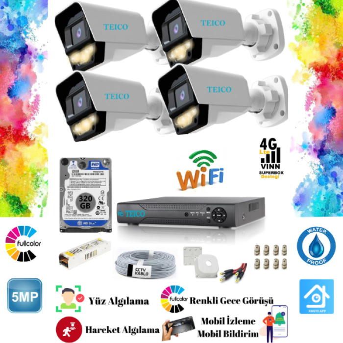 5 Mp Ultra HD 4 Kameralı Güvenlik Kamera Seti Teico- 60145N