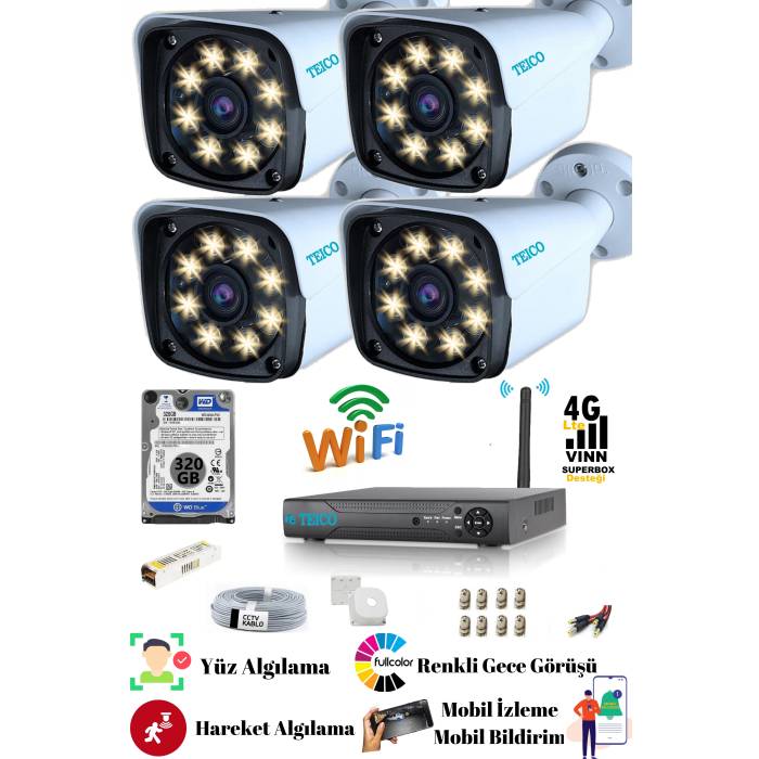 4 Kameralı 5 Mp Sony Lensli Full Hd 1080p Güvenlik Kamera Seti Teico- 6124N 320 GB WarmLed Renkli Gece Görüşlü Su geçirmez Cepten İzleme XMEYE