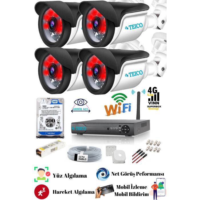 5 MP 4 Dış Mekan Kameralı Herşey Dahil AHD Güvenlik Seti Teico-6540
