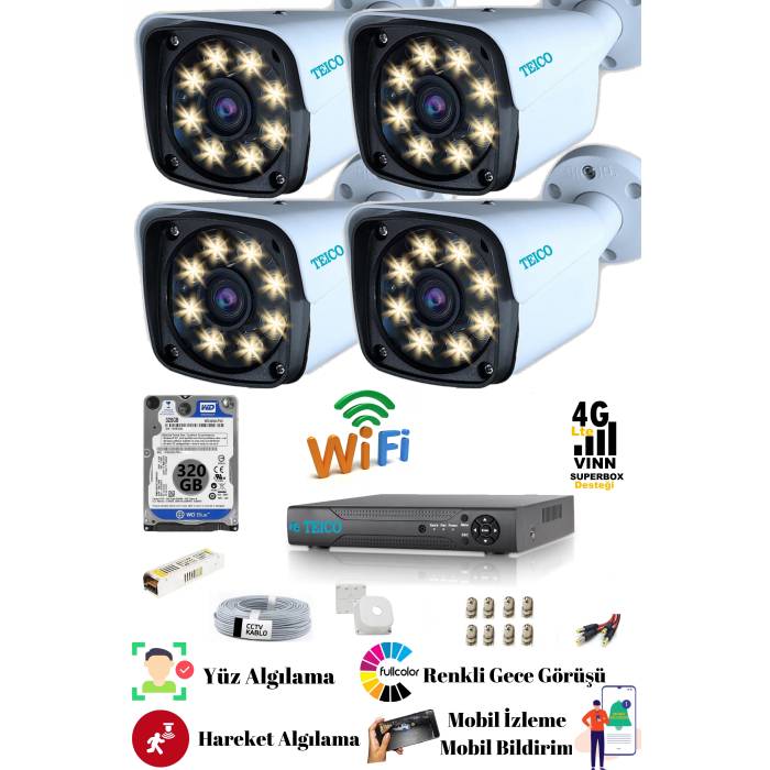 4 Kameralı 5 Mp Ultra HD Güvenlik Kamera Seti Teico- 6145N 320 GB WarmLed Renkli Gece Görüşlü Su geçirmez Cepten İzleme XMEYE