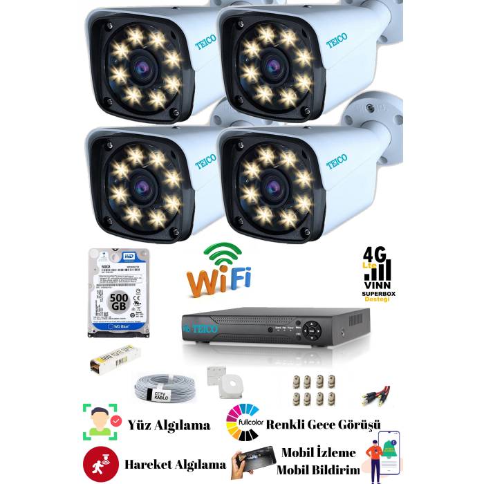 4 Kameralı 5 Mp Ultra HD Güvenlik Kamera Seti Teico- 6145N 500 GB HDD Dahil WarmLed Renkli Gece Görüşlü Su geçirmez Cepten İzleme XMEYE