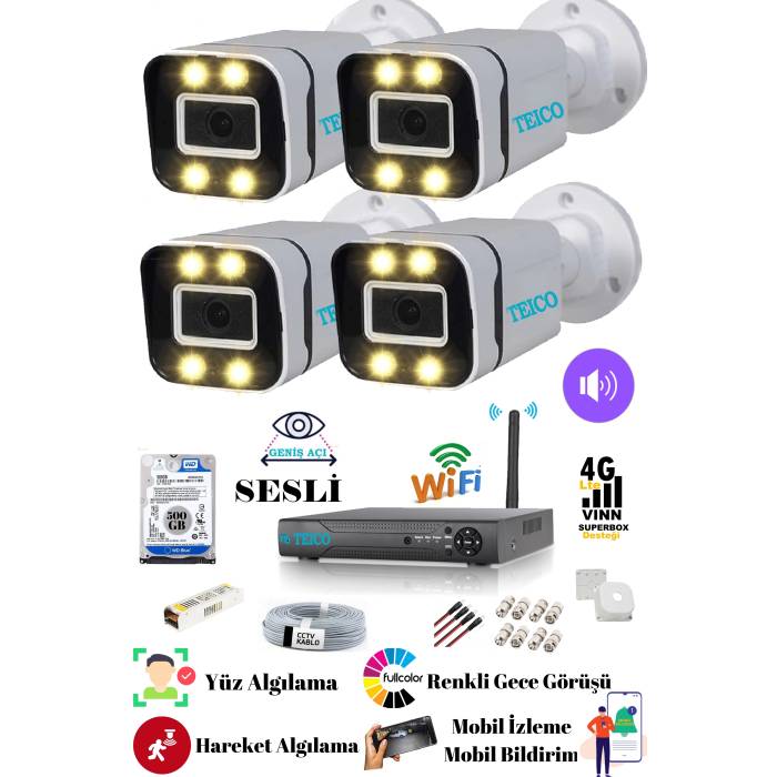 4 Kameralı 5 Mp Ultra HD Sesli Güvenlik Kamera Seti Teico- 6405N WarmLed Renkli Gece Görüşlü Su geçirmez Cepten İzleme XMEYE