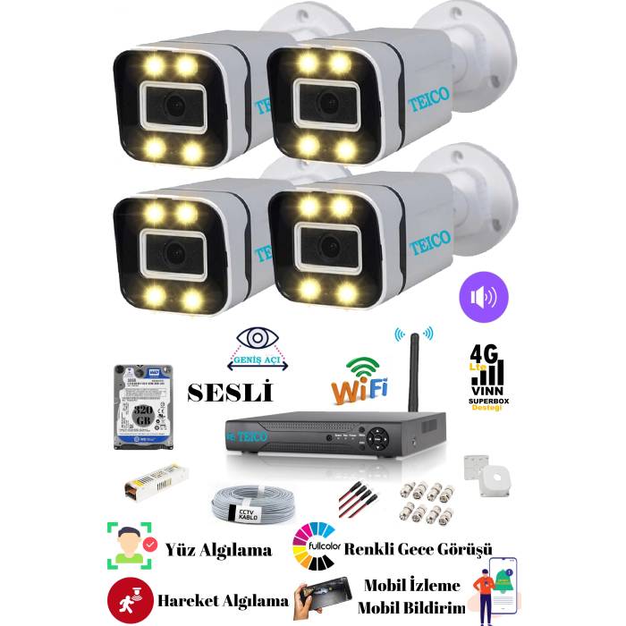 4 Kameralı 5 Mp Ultra Hd Sesli Güvenlik Kamera Seti Teico- 6405N320 WarmLed Renkli Gece Görüşlü Su geçirmez Cepten İzleme XMEYE