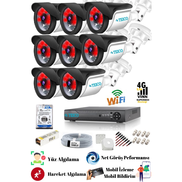8 Kameralı 5 Mp Ultra HD 1920p Güvenlik Kamera Seti Teico- 6580N 1 TB HDD DAHİL Su geçirmez Gece Görüşlü XMEYE