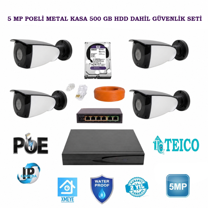 5 MP Poeli Ip 4 Metal Kameralı Herşey Dahil Güvenlik Seti Teico-6445