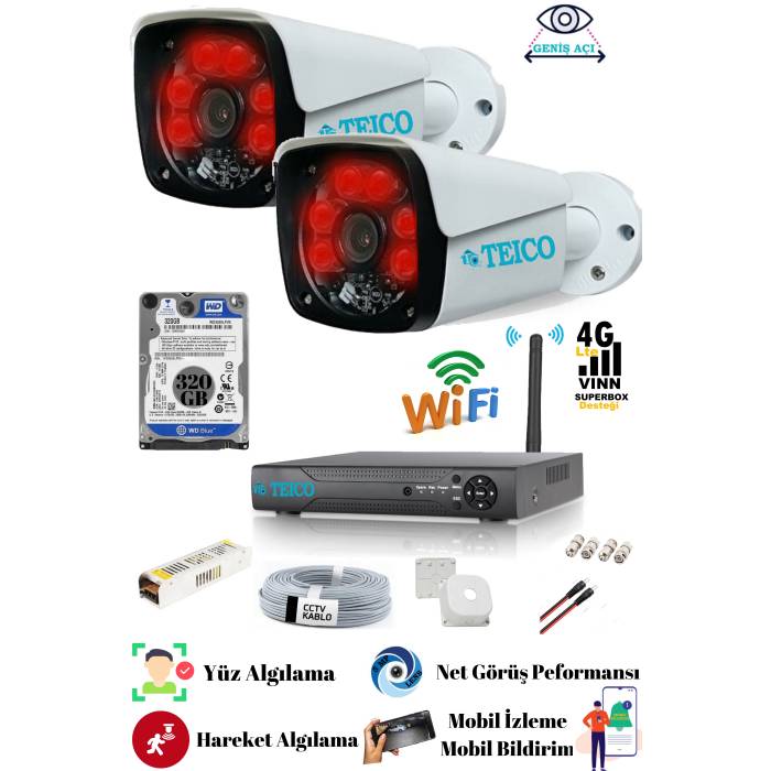5 Mp Sony Lensli 2 Metal Kameralı Full Hd 1080p Güvenlik Kamera Seti Teico- 6220N Su geçirmez Gece Görüşlü Cepten İzleme XMEYE