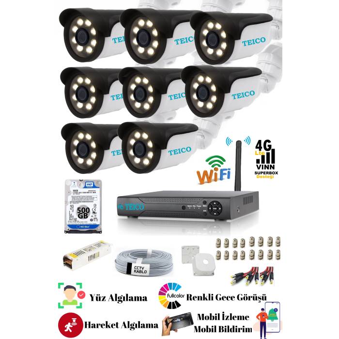 5 Mp Sony Lensli 8 Kameralı Warm Led Full Hd 1080p Güvenlik Kamera Sistemi Teico- 6082N Su geçirmez Renkli Gece Görüşlü Cepten İzleme XMEYE