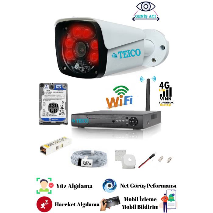 5 Mp Sony Lensli 1 Metal Kameralı Full Hd 1080p Güvenlik Kamera Seti Teico- 6120N Su geçirmez Gece Görüşlü Cepten İzleme XMEYE