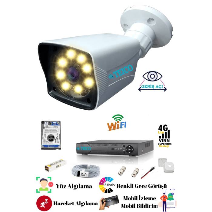 5 Mp Ultra HD 1 Kameralı Güvenlik Kamera Seti Teico- 6415 WarmLed Renkli Gece Görüşlü Su geçirmez Cepten İzleme XMEYE