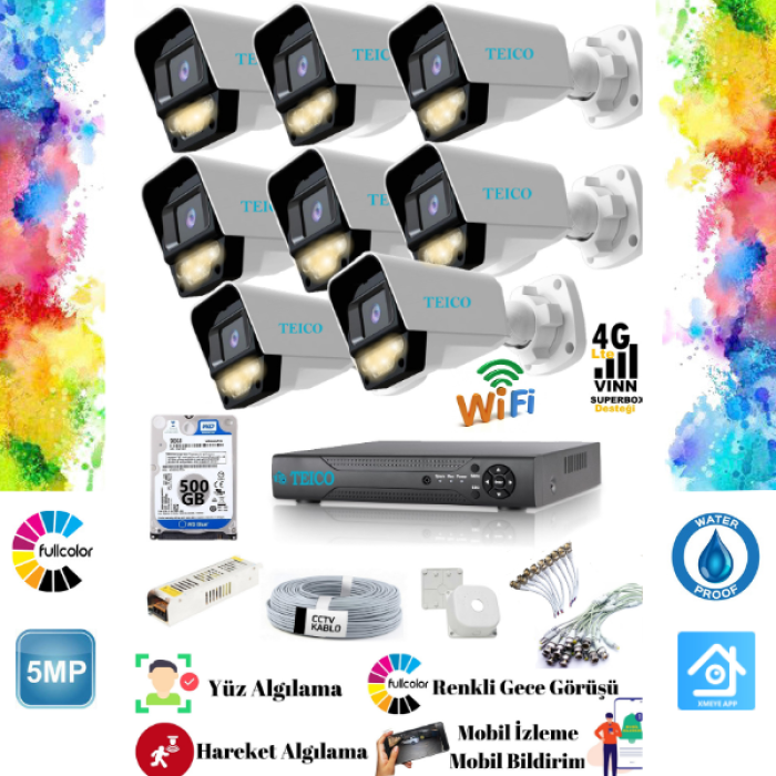 5 Mp Ultra HD 1920P 8 Kameralı Güvenlik Kamera Seti Teico- 60485 WarmLed Renkli XMEYE