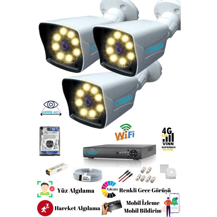 5 Mp Ultra HD 3 Kameralı Güvenlik Kamera Seti Teico- 6435 WarmLed Renkli Gece Görüşlü Su geçirmez Cepten İzleme XMEYE