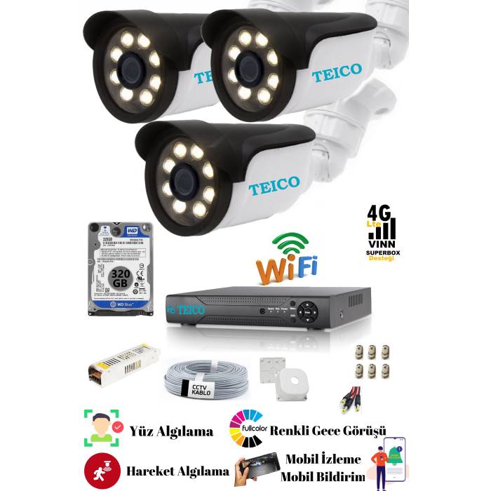 5 Mp Ultra HD 3 Kameralı Warm Led Güvenlik Kamera Sistemi Teico- 6035N Su geçirmez Renkli Gece Görüşlü Cepten İzleme XMEYE