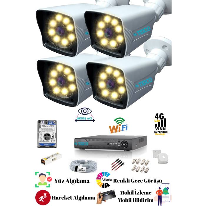 5 Mp Ultra HD 4 Kameralı Güvenlik Kamera Seti Teico- 6445N 320 GB HDD WarmLed Renkli Gece Görüşlü Su geçirmez Cepten İzleme XMEYE
