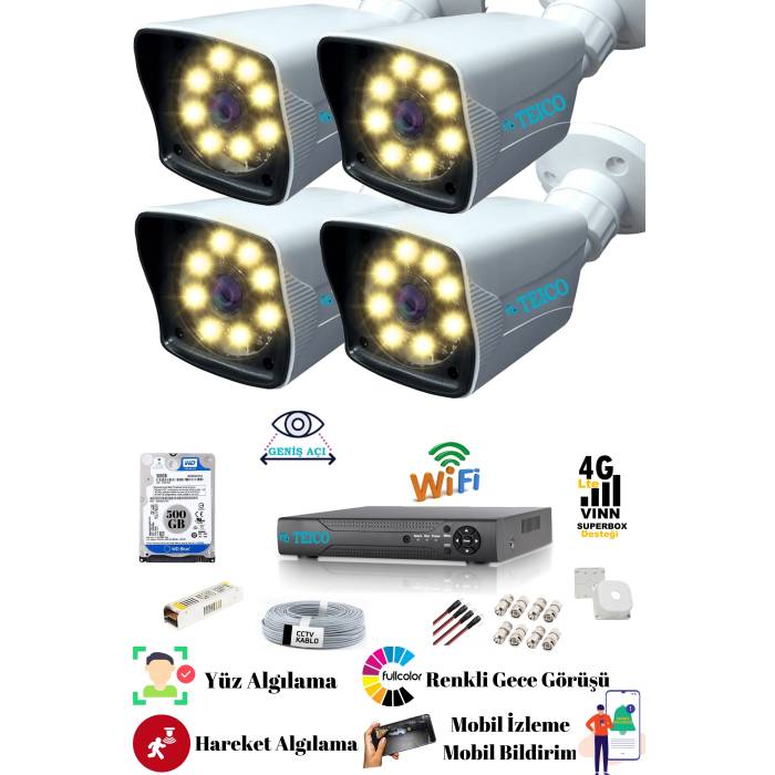 5 Mp Ultra HD 4 Kameralı Güvenlik Kamera Seti Teico- 6445N 500 GB HDD WarmLed Renkli Gece Görüşlü Su geçirmez Cepten İzleme XMEYE