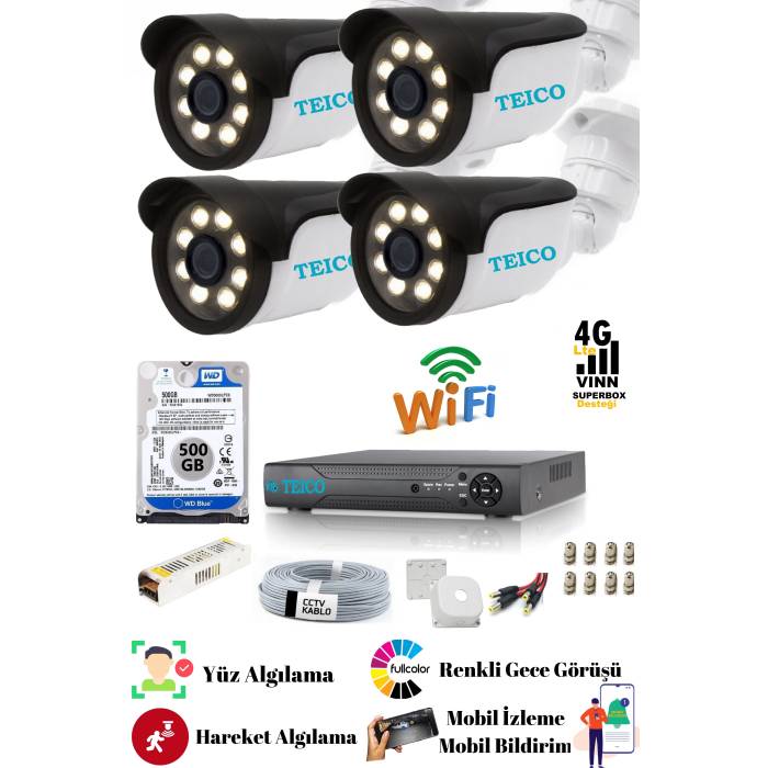 5 Mp Ultra HD 4 Kameralı Warm Led Güvenlik Kamera Sistemi Teico- 6045N Su geçirmez Renkli Gece Görüşlü Cepten İzleme XMEYE