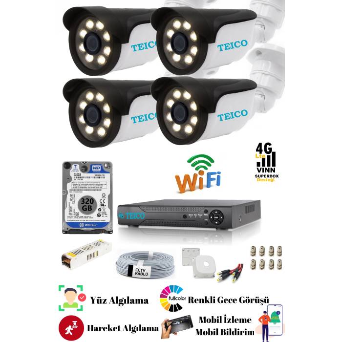 5 Mp Ultra HD 4 Kameralı Warm Led Güvenlik Kamera Sistemi Teico- 6045N Su geçirmez Renkli Gece Görüşlü Cepten İzleme XMEYE