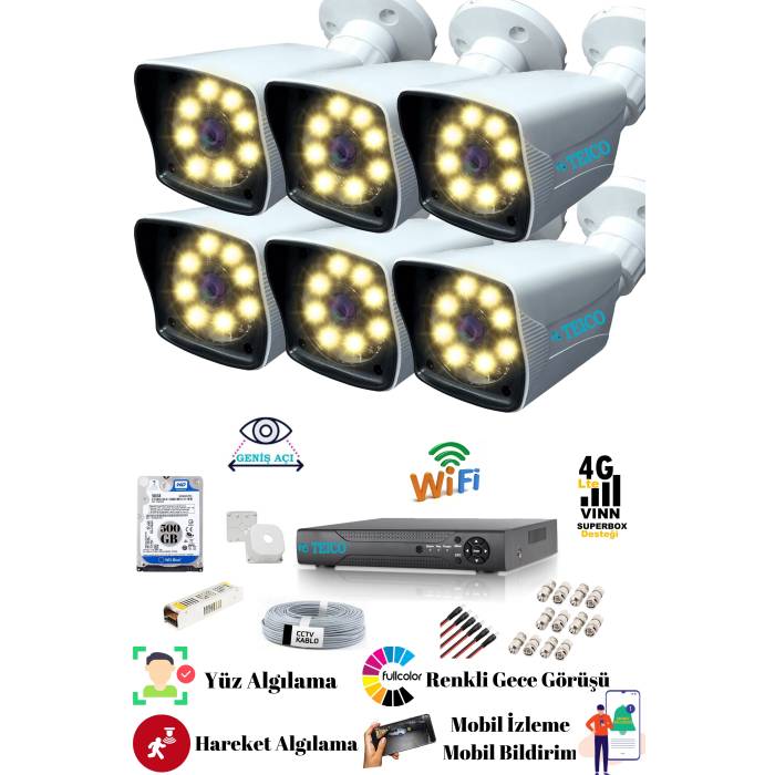 5 Mp Ultra Hd 6 Kameralı Güvenlik Kamera Seti Teico- 6465 WarmLed Renkli Gece Görüşlü Su geçirmez Cepten İzleme XMEYE