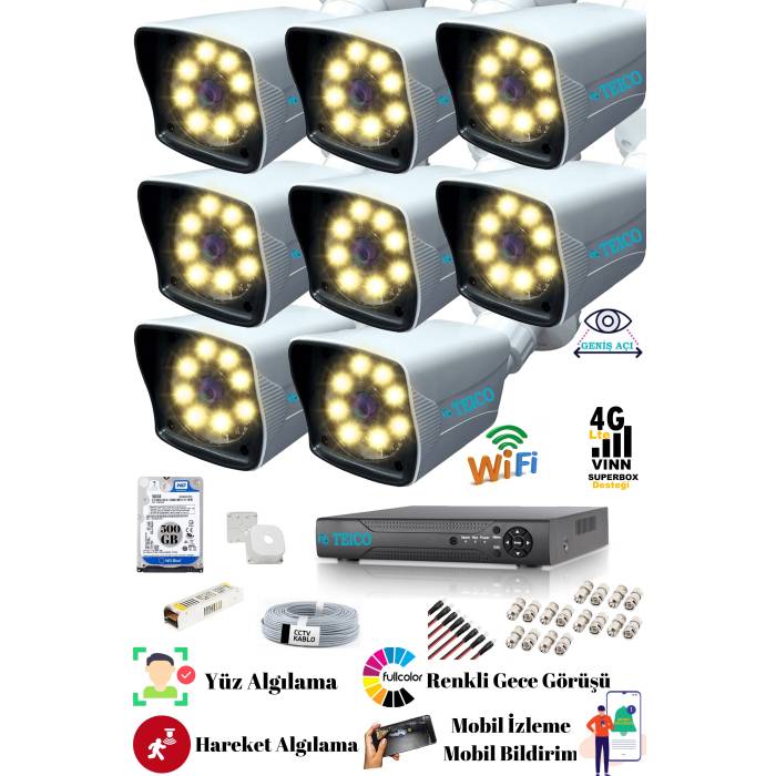 5 Mp Ultra HD 1920P 8 Kameralı Güvenlik Kamera Seti Teico- 6485 WarmLed Renkli Gece Görüşlü Su geçirmez Cepten İzleme XMEYE