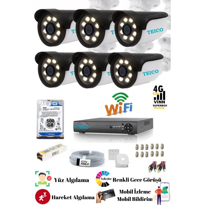 5 Mp Ultra Hd 6 Kameralı Warm Led Güvenlik Kamera Sistemi Teico- 6065N Su geçirmez Renkli Gece Görüşlü Cepten İzleme XMEYE