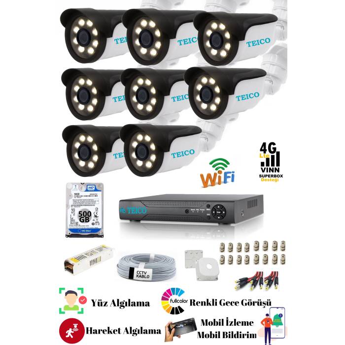 5 Mp Ultra HD 8 Kameralı Warm Led Güvenlik Kamera Sistemi Teico- 6085N Su geçirmez Renkli Gece Görüşlü Cepten İzleme XMEYE