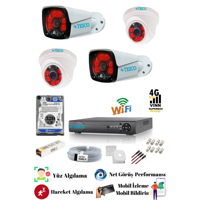 5 MP Ultra HD Güvenlik Kamera Seti Teico- 6054N 320 GB HDD Su geçirmez Gece Görüşlü Cepten İzleme XMEYE