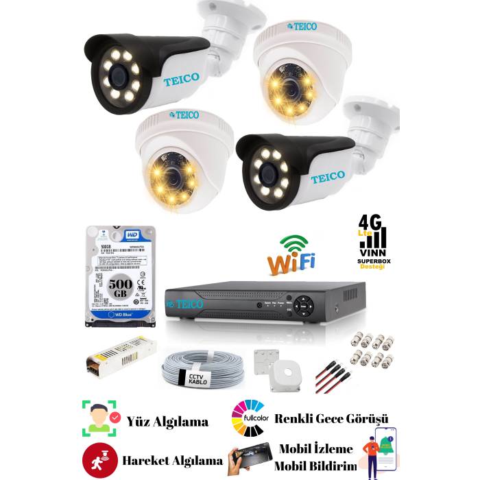 5 MP Ultra HD Güvenlik Kamera Seti Teico- 6425N 500 GB HDD Gece Renkli Görüşlü Cepten İzleme XMEYE