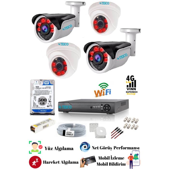 5 MP Ultra HD Güvenlik Kamera Seti Teico- 6504N 500 GB HDD Su geçirmez Gece Görüşlü Cepten İzleme XMEYE