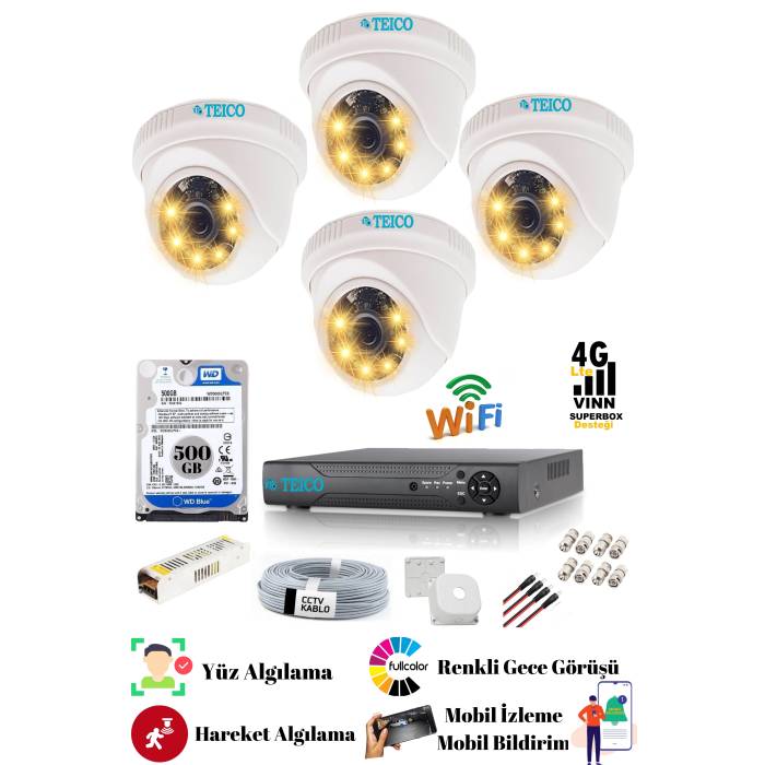 5 MP Ultra HD İç Ortam Güvenlik Kamera Seti Teico- 6450N 500 GB HDD Gece Renkli Görüşlü Cepten İzleme XMEYE