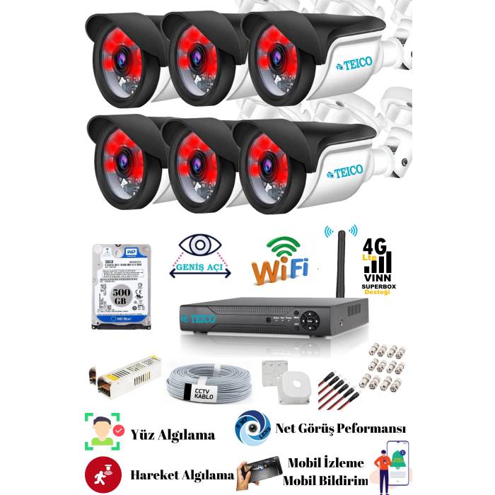 6 Kameralı 5 Mp Sony Lensli Fullhd 1080p Güvenlik Kamera Seti Teico- 6260N Su geçirmez Gece Görüşlü Cepten İzleme XMEYE