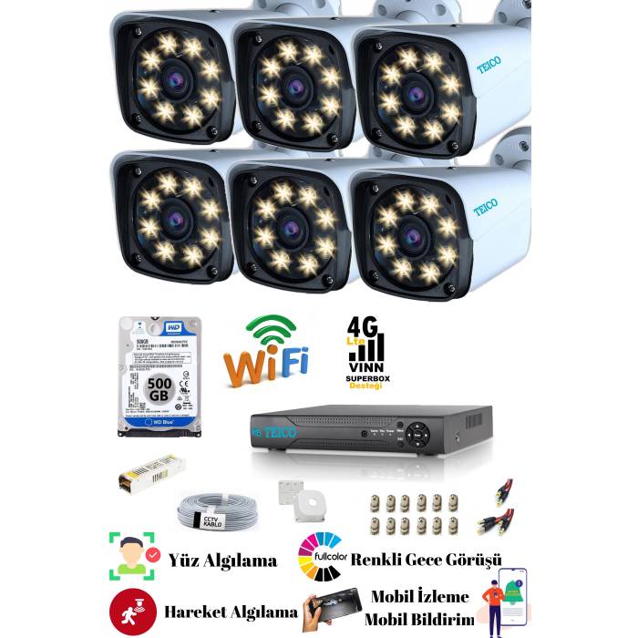 6 Kameralı 5 Mp Ultra HD Güvenlik Kamera Seti Teico- 6165N WarmLed Renkli Gece Görüşlü Su geçirmez Cepten İzleme XMEYE