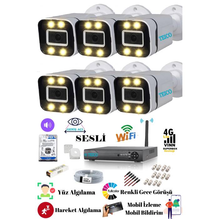 6 Kameralı 5 Mp Ultra Hd Sesli Güvenlik Kamera Seti Teico- 6605N WarmLed Renkli Gece Görüşlü Su geçirmez Cepten İzleme XMEYE
