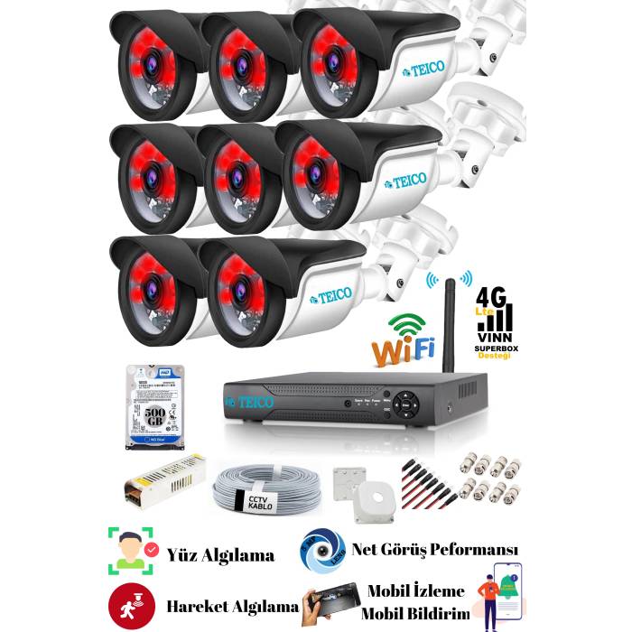 8 Kameralı 5 Mp Sony Lensli Fullhd 1080p Güvenlik Kamera Seti Teico- 6280N Su geçirmez Gece Görüşlü Cepten İzleme XMEYE