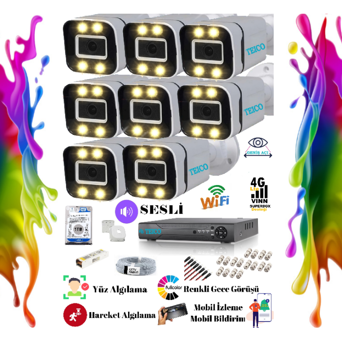 8 Kameralı 5 Mp Ultra Hd WarmLed Renkli Sesli Güvenlik Kamera Seti Teico- 6805N XMEYE 1 TB Harddisk Dahil