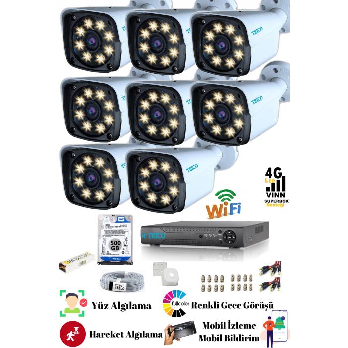 8 Kameralı 5 Mp Ultra HD Güvenlik Kamera Seti Teico- 6185N WarmLed Renkli Gece Görüşlü Su geçirmez Cepten İzleme XMEYE