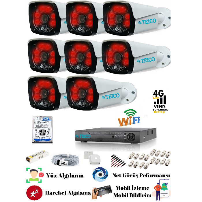 8 Kameralı 5 Mp Ultra HD Güvenlik Kamera Seti Teico- 6280N Su geçirmez Gece Görüşlü - Cepten İzleme XMEYE