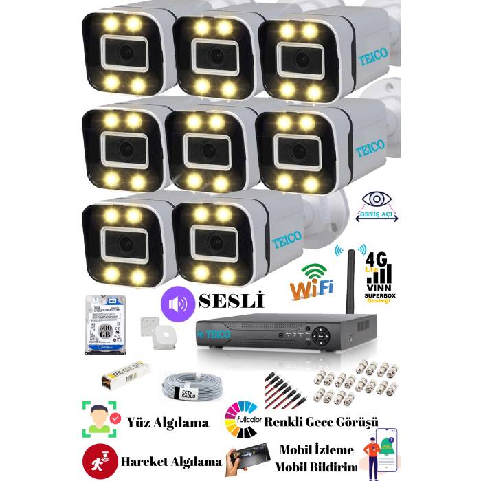 8 Kameralı 5 Mp Ultra Hd Sesli Güvenlik Kamera Seti Teico- 6805N WarmLed Renkli Gece Görüşlü Su geçirmez Cepten İzleme XMEYE